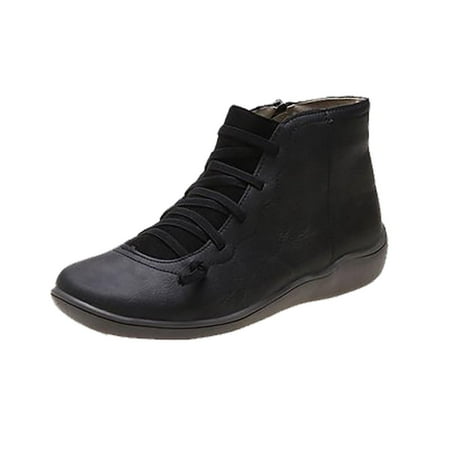 

Egmy Women Casual Flat Retro Lace-Up Boots Side Zipper Round Toe Shoe Boots Black 9(42)