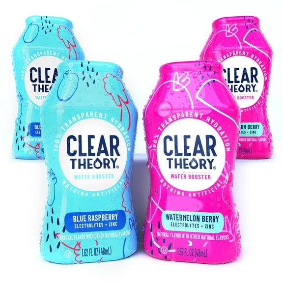 Clear Theory® Water Flavoring Drops with Electrolytes, Water Enhancer Liquid Flavored Water Drink Mix, Hydration for Kids, Vegan, Gluten Free, Low Calorie (Blue Raspberry & Watermelon Berry)