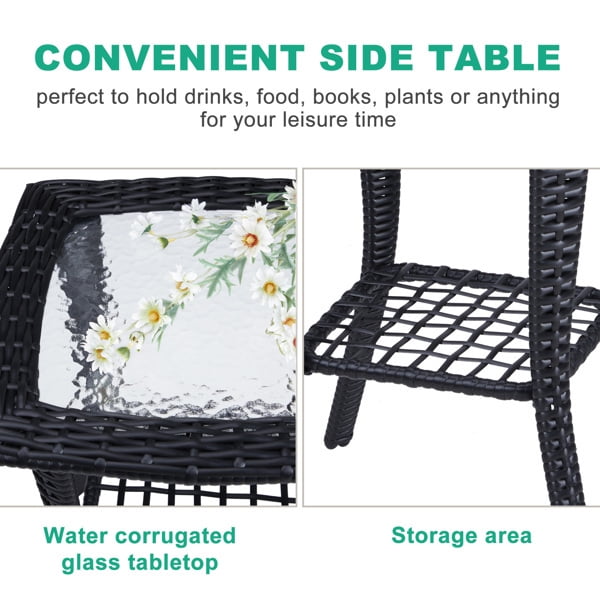 Alvantor Black Wicker Small Side Table 18 x 18x 22.6 in Outdoor Patio End Table with Ripple Tempered Glass Top and Lower Shelf