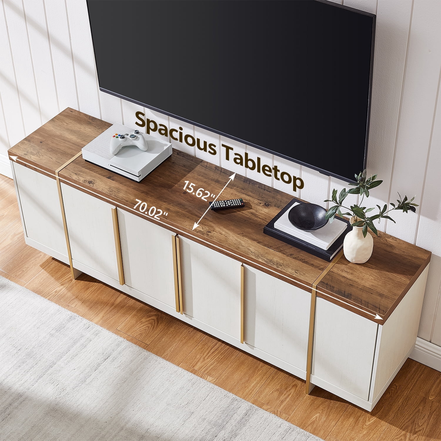 KeyWhat TV Stand for TVs Up to 80", Modern Entertainment Center with Storage, TV Console with Handle-Free Hidden Doors Design for Living Room, Antique White