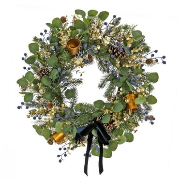 HGTV Home Collection by National Tree Company Artificial Christmas Wreath, Green, Swiss Chic, Blue Berries, Gold Twigs, Pine Cones, Metal Bells, Black Ribbon, 28 Inch