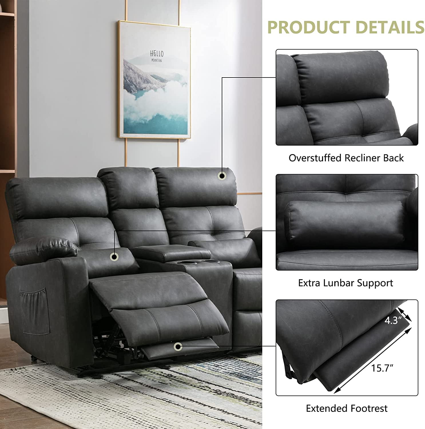 Loveseat Recliner, Power Double Recliners Loveseat, Electric Reclining Loveseat with Heat and Massage, Leather Reclining Loveseat with Console, Cup Holders, Lumbar Support for Living Room