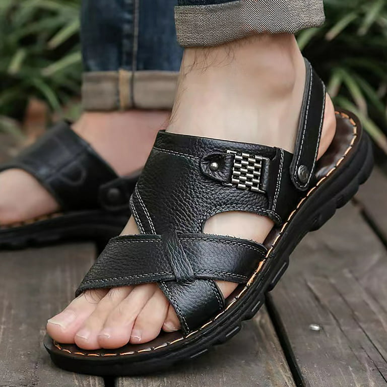 kpoplk Men's Sandals,Men's Casual Sandals for Men Leather Summer Beach Flip  Flops for Men Non Slip Comfort Arch Support Sport Thong Sandals(Black) 