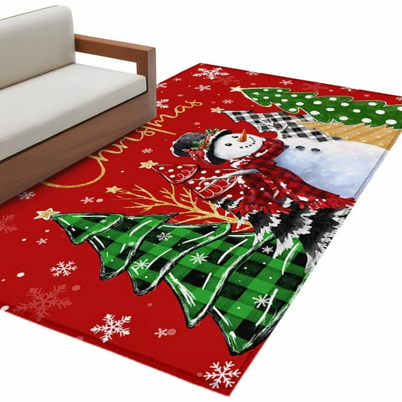 Red Christmas Area Rug 3x5 FT, Non Slip Entryway Bedside Carpet, Xmas Snowman Snowflake Tree Green Washable Soft Floor Carpet Indoor Mat Non-Shedding Throw Rug for Dorm Kitchen Home Office