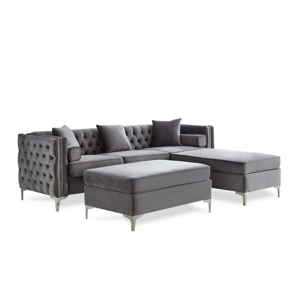 Grey Velvet Reversible Sofa Sectional W Ottoman