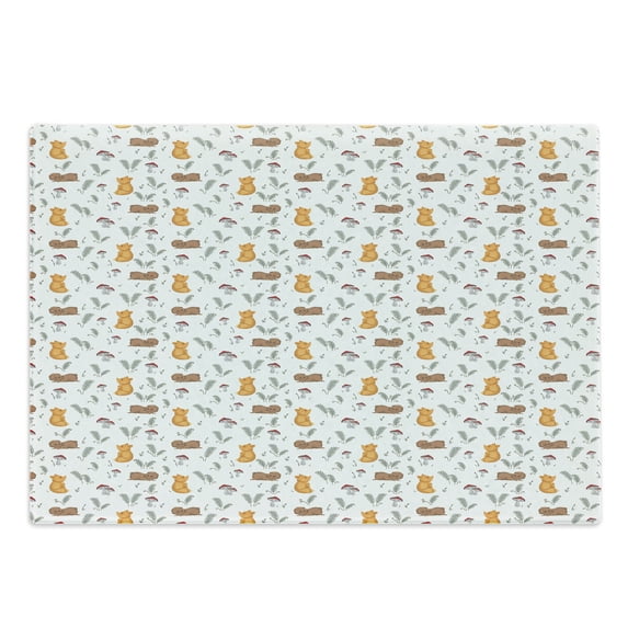 Nursery Cutting Board, Simple Repetitive Pattern with Cartoon Fox Teddy Bear Mushrooms and Fern, Decorative Tempered Glass Cutting and Serving Board, in 3 Sizes, by Ambesonne