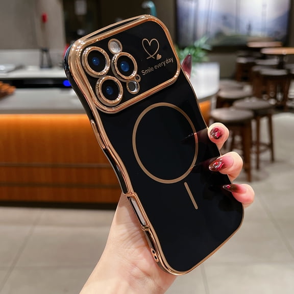For iPhone 14 Pro Case for Women Girls [Compatible with MagSafe] Cute Curly Wave Shape, Magnetic Love Heart Pattern with Camera Lens Cover Luxury Plating Shockproof Phone Case,Black