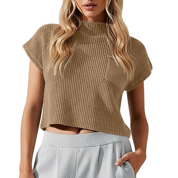 YUGYXL Womens Short Sleeve Sweater Mock Neck Summer Spring Top Dressy Business Casual Basic Knit Pullover Cropped Shirt Khaki Tops M
