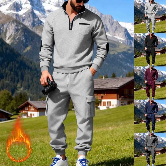 RYDCOT Men's Polo Sweatsuit Sets 1/4 Zip Fashion Casual Tracksuits Jogging Long Sleeve Polo Suit for Men Fleece Lined 2 Piece Set Wine