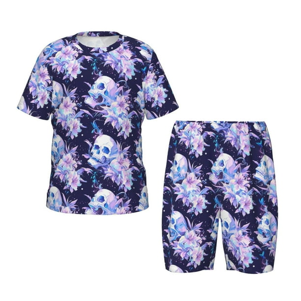 Fotbe blue starry sky Skull flower Pijama Estampada de 2 Piezas para Niños – Ropa de Dormir de Manga Corta Cómoda para Niños y Niñas, Camiseta y Shorts de Algodón-Large