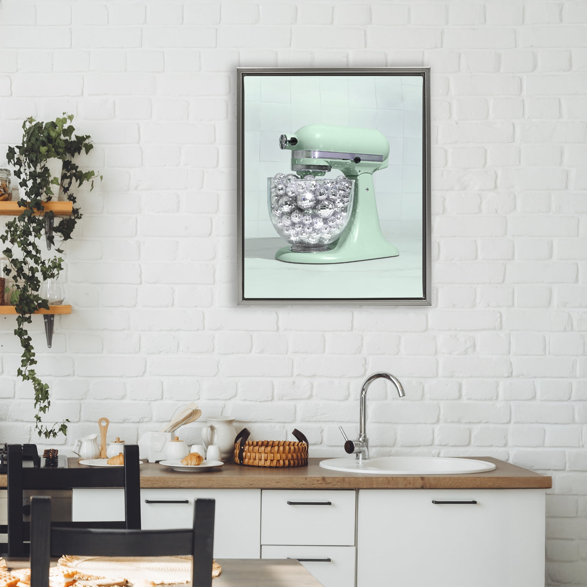 Stupell Industries Disco Kitchen Mixer over Green Gray Framed Floater Canvas Wall Art, design by LISH Creative