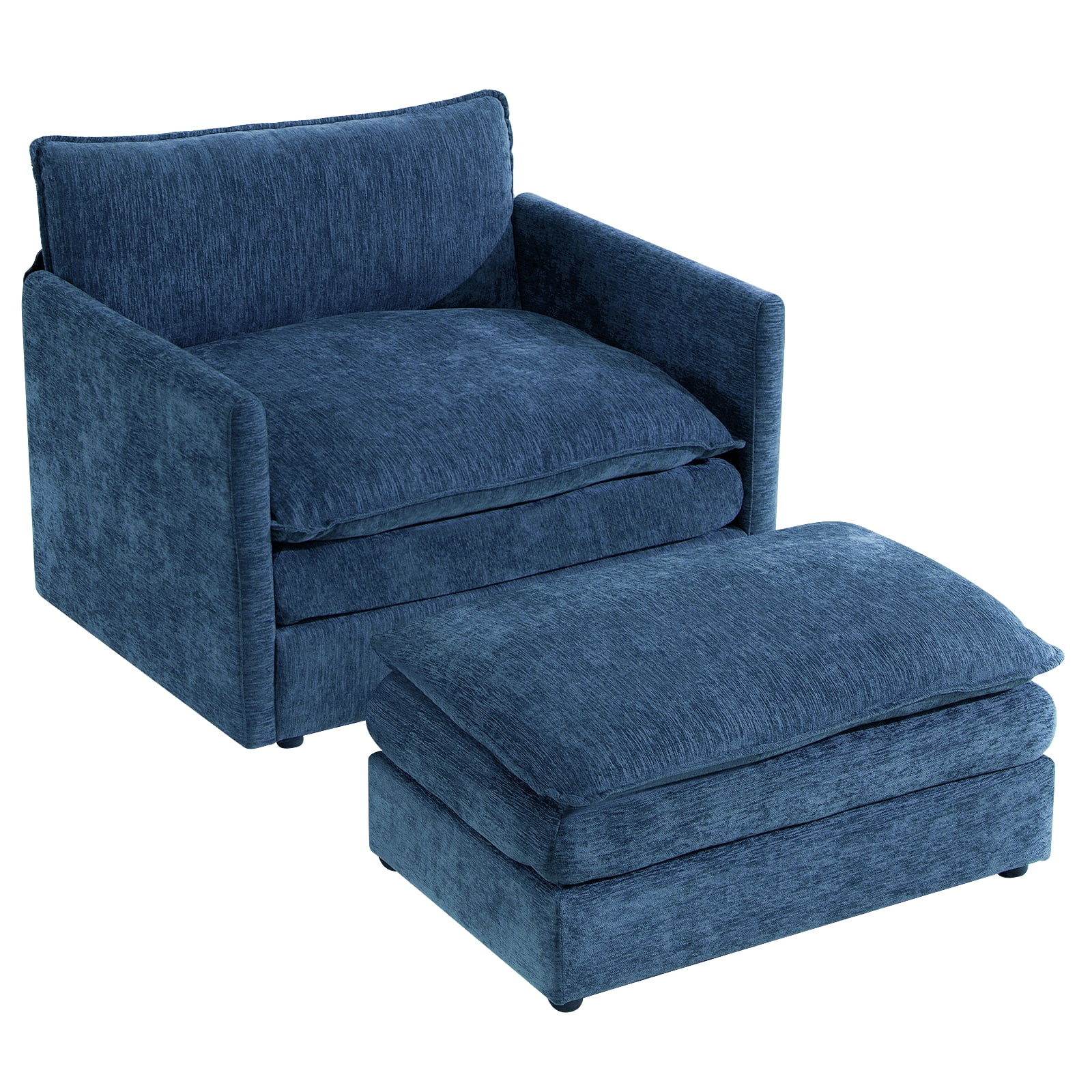 Lunale Oversized Chair with Ottoman, Reading Accent Armchairs for Living Room, Bedroom, Blue Chenille