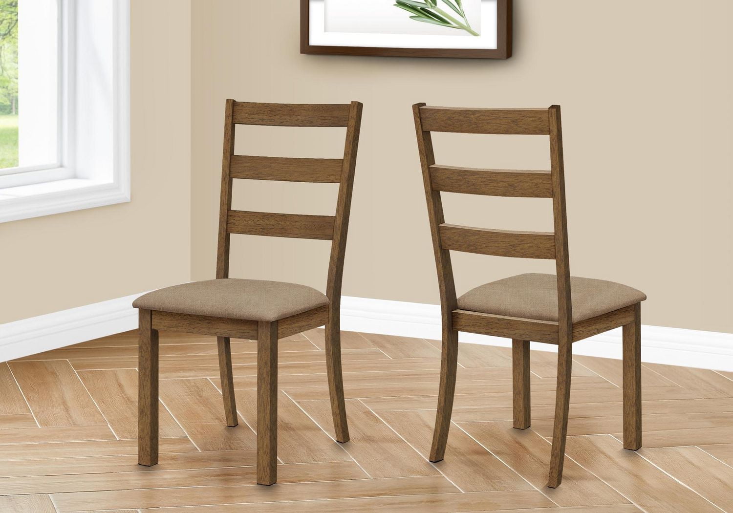 Monarch Specialties Dining Chair, Set Of 2, Side, Upholstered, Kitchen, Dining Room, Fabric, Wood Legs, Brown, Beige, Transitional