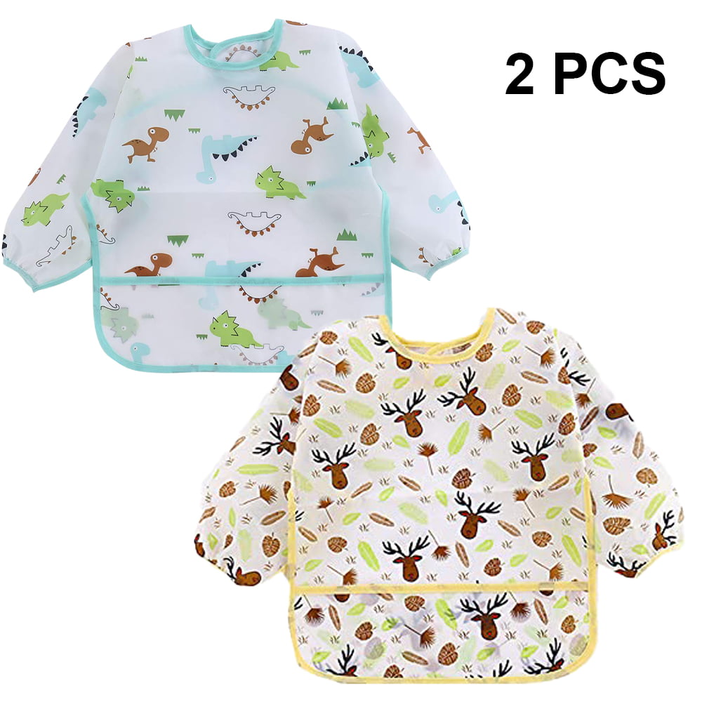 Baby Bib Long Sleeved Waterproof with Pocket Bundle and Crumb Catcher Stain Odor Resistance Smock Apron 2Pack 