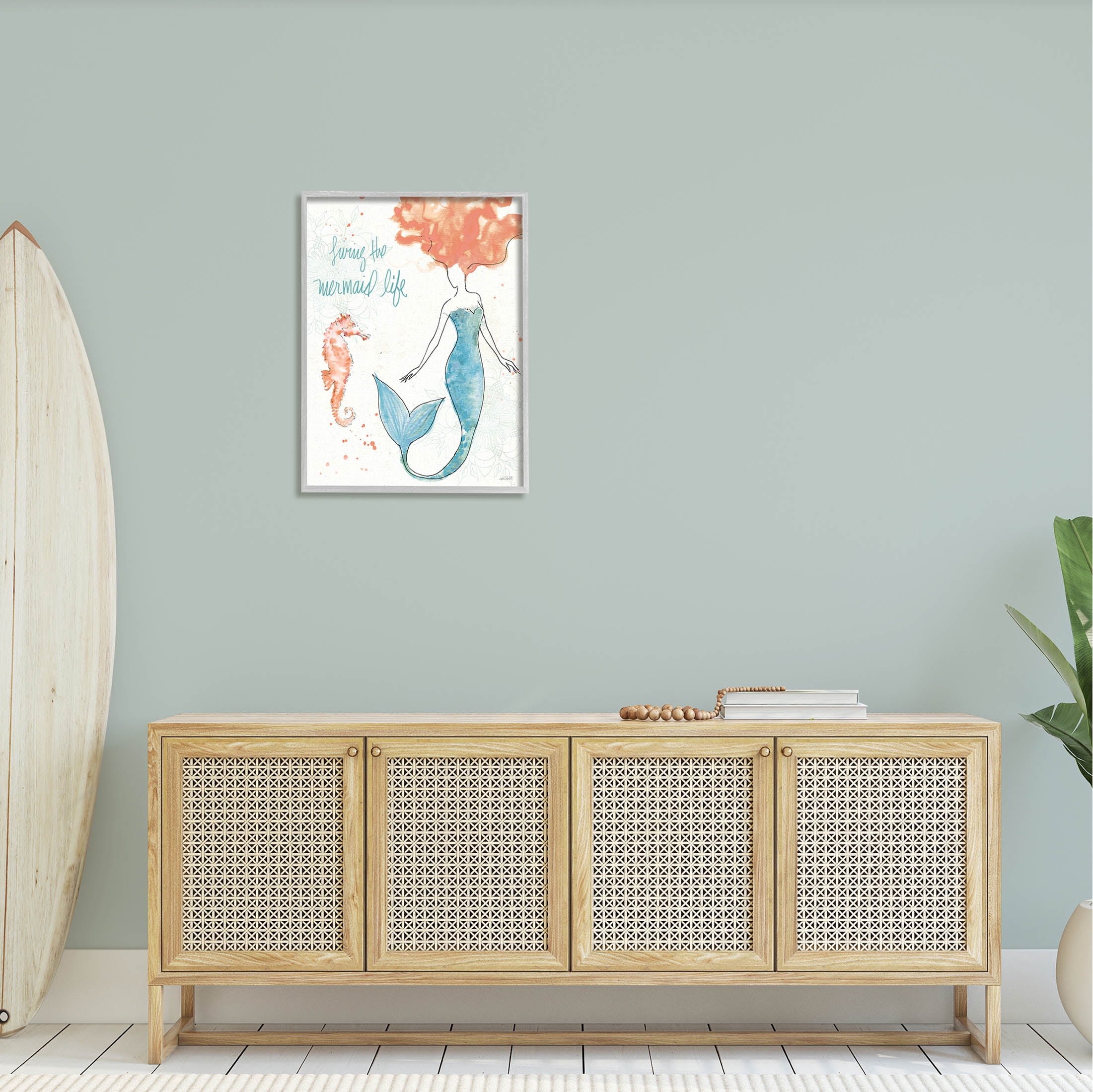 Stupell Industries Living The Mermaid Life Phrase Graphic Art Gray Framed Art Print Wall Art, Design by Anne Tavoletti