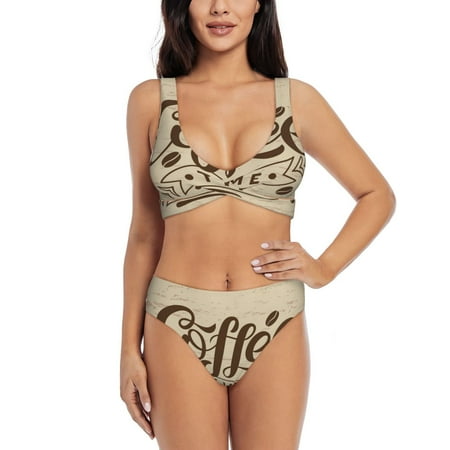 Zeuib Coffee Time (2) High Waisted Tummy Control Bikini Set - Knot Front Push Up Top & Cheeky Thong Bottom  Two-Piece Swimsuit for Women-Large