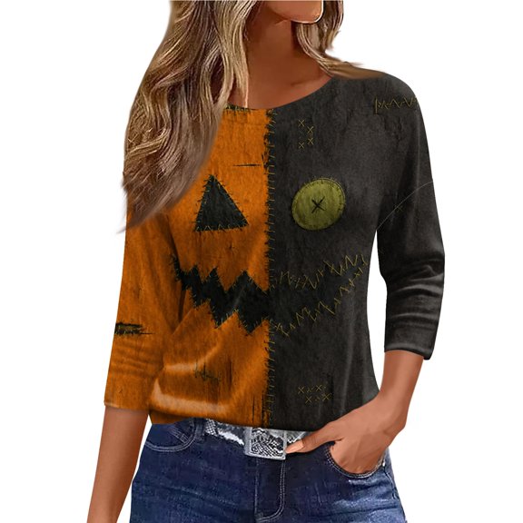 CIENVNSTG Plus Size Halloween Shirt Round Neck 3/4 Sleeve Shirts Halloween Print T Shirt Vintage Teacher Shirts Casual Tops Clothes Green L