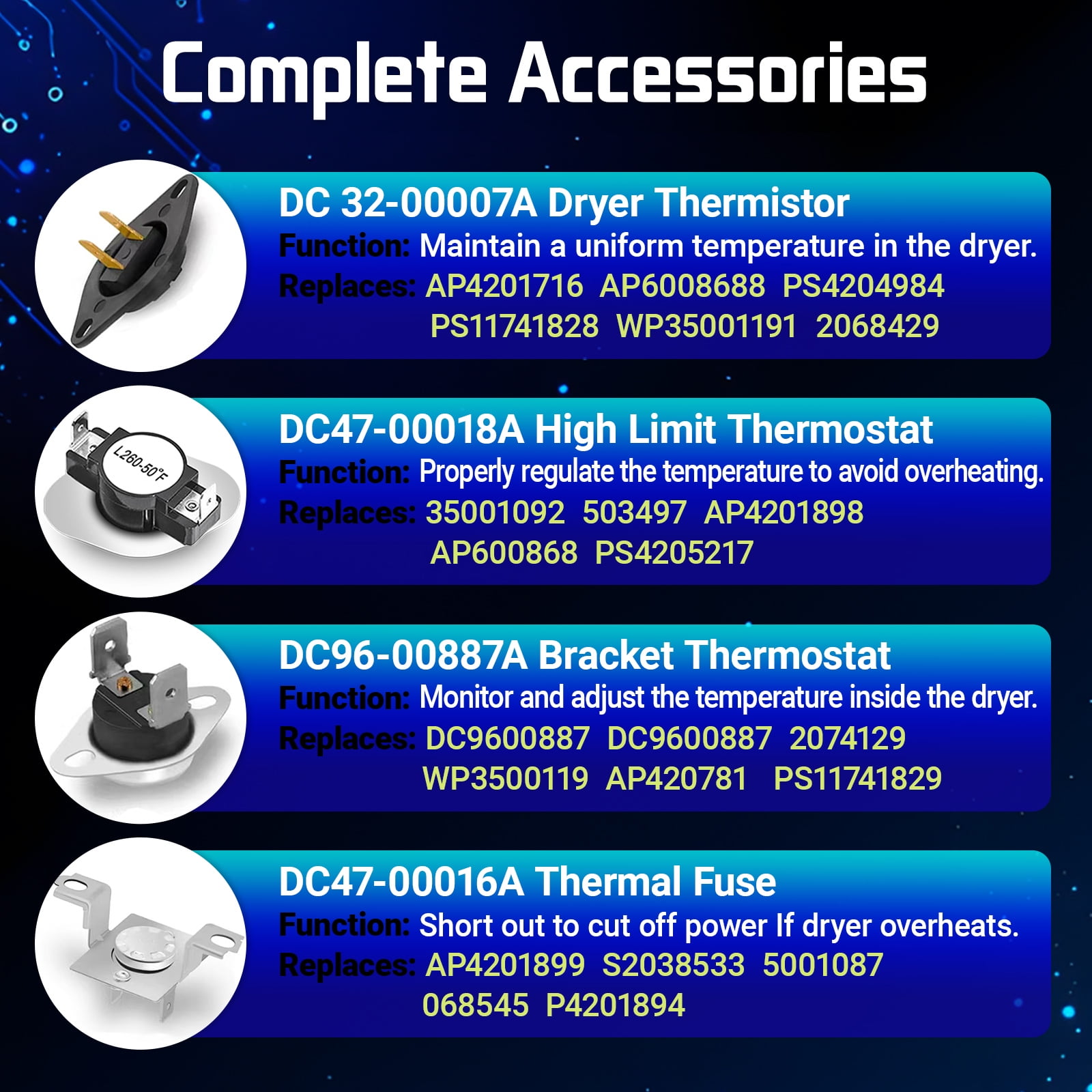 DC47-00019A Heating Element Compatible with the heating elements of Samsung brand dryers that are equipped with temperature control fuses DV45H7000EW/A2, DVE50R5200W/A3