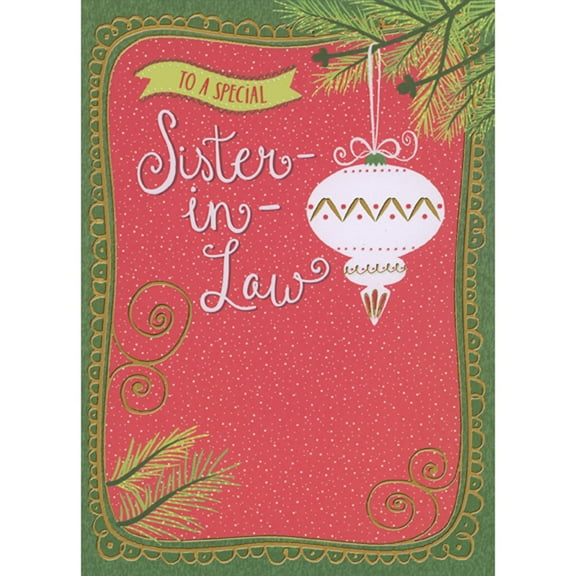 Designer Greetings Single White Finial Ornament Hanging from Pine Branch on Red and White Polka Dot Christmas Card for Sister-in-Law