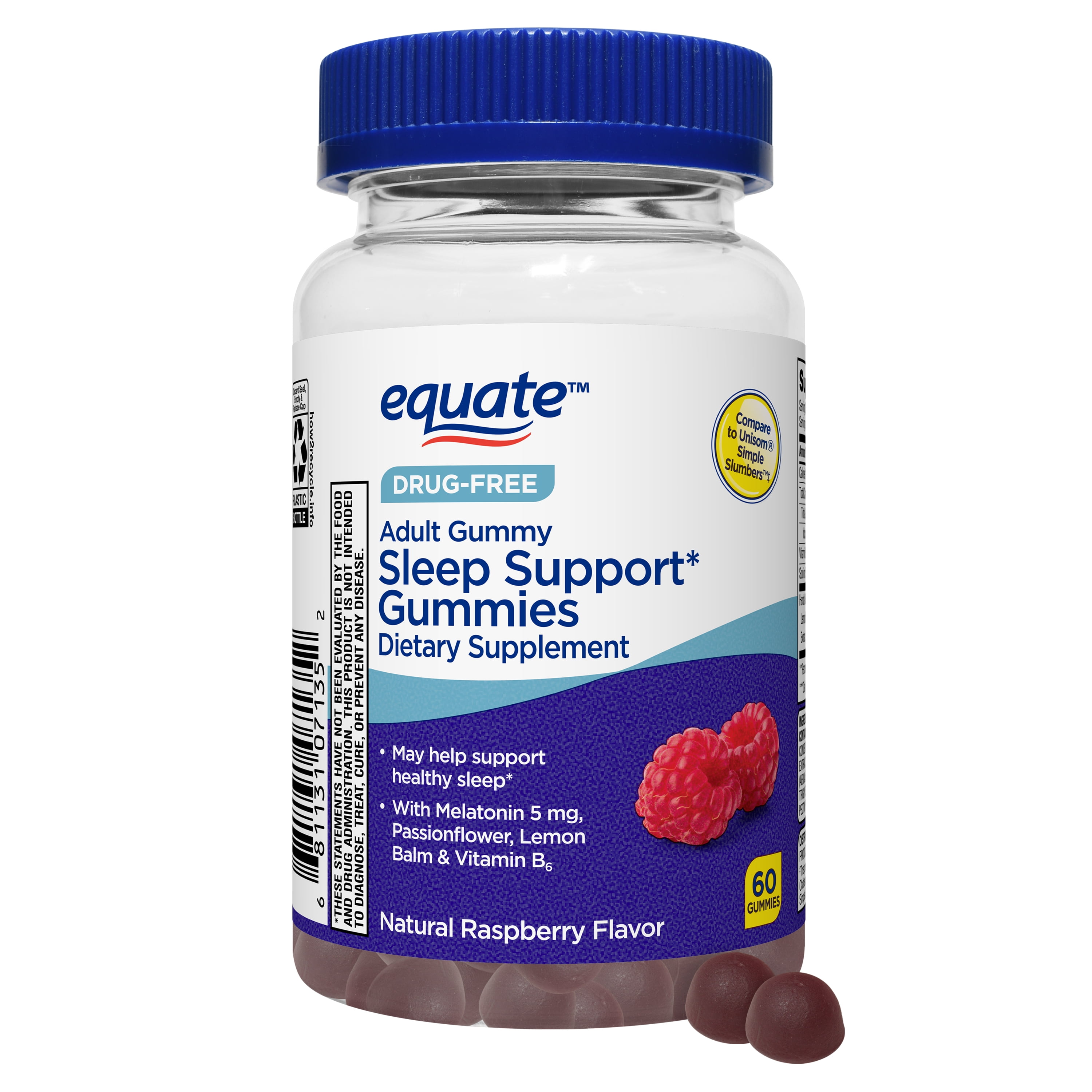 Equate Drug-Free Sleep Support Gummies Dietary Supplement, Raspberry Flavor, 60 Count