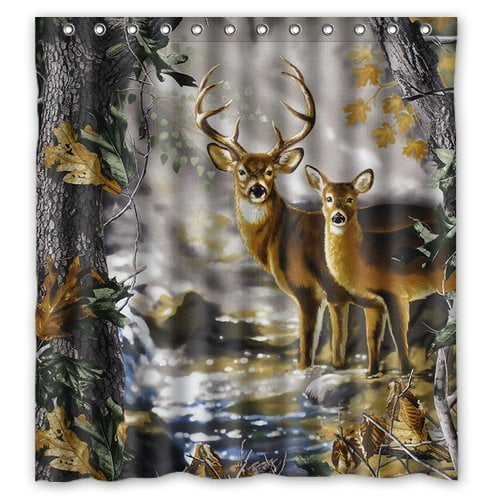 Deer Whitetail Elk in Forest Waterproof Polyester Fabric Shower Curtain Bathroom 