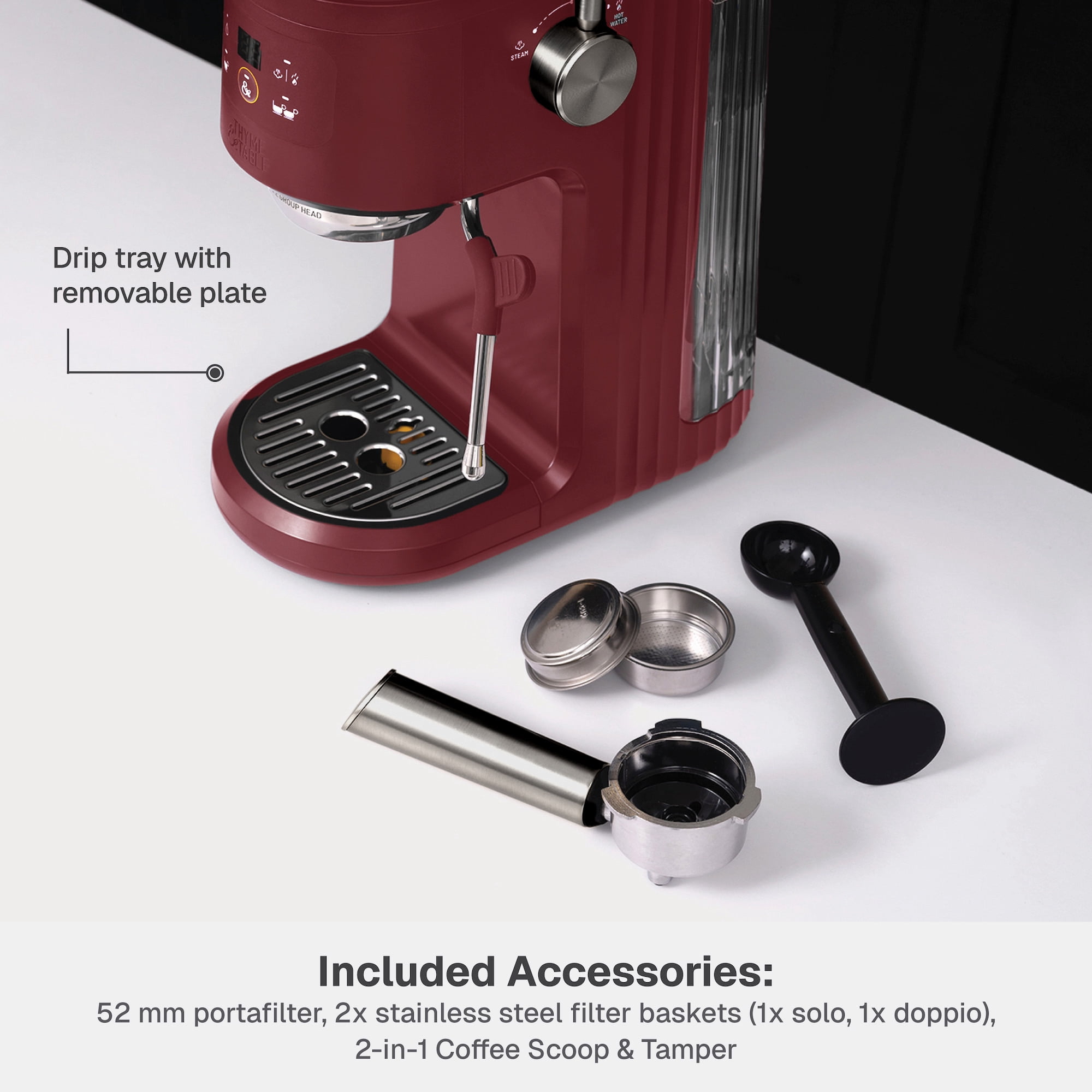 Thyme & Table Barista Mini Espresso Machine with 15-Bar Pressure and Steam Wand, Cabernet Red