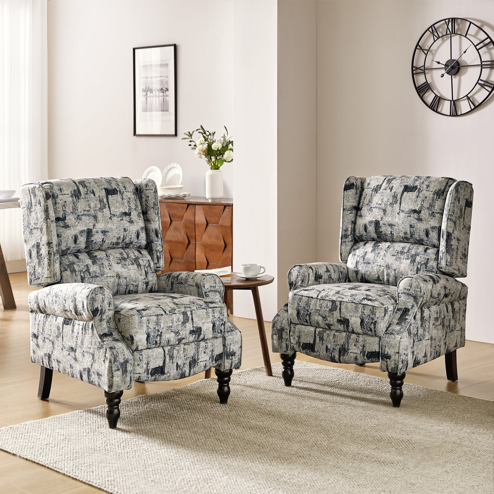 Vintage Floral Wingback Manual Push Back Recliner Chair Set of 2 for Living Room GREENGUARD Certified Grey