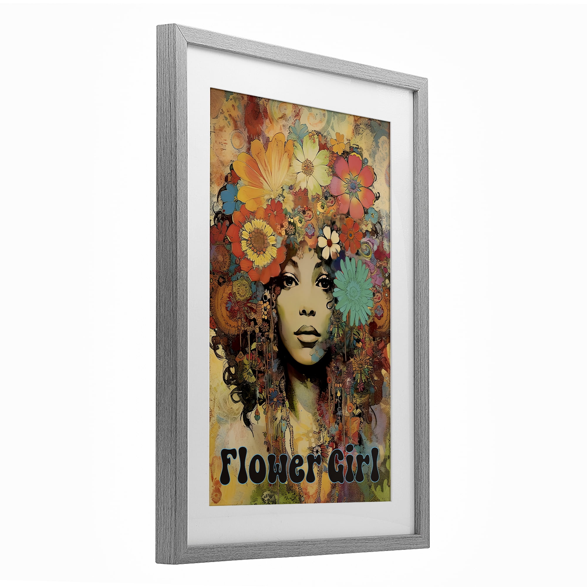 Bohemian Flower Girl Gray Framed Print Under Glass, design by Sasha