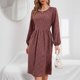 thumbnail image 2 of Vestido midi de mujer con estampado floral, cuello redondo, cintura alta, vestido de manga larga para citas, oficina en casa, 2 of 6