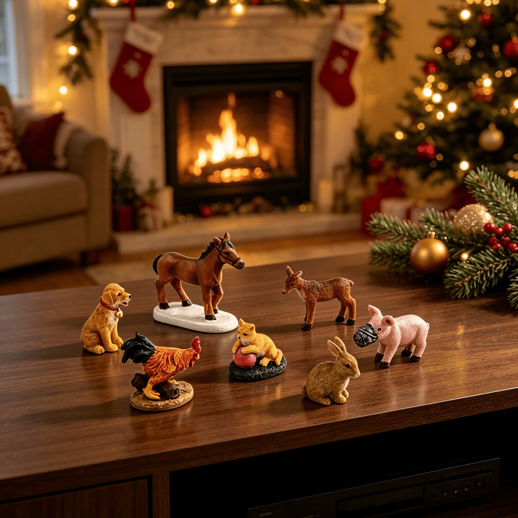 7-Piece Barnyard Animal Christmas Village Decorative Figurines, Multicolor, by Holiday Time