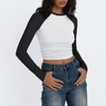 thumbnail image 3 of BDPORKAS Long Sleeve Tops for Women Raglan Slim Fitted Colorblock Crewneck Cropped Top, 3 of 4
