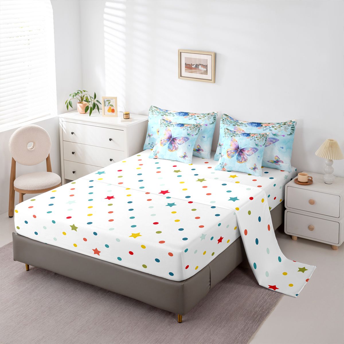 Homewish Kawaii Butterfly 7pcs Bedding Comforter Set,Modern Painting Artistic Queen Bedding Sets,Blue Purple Queen Sheet Sets For Girls Kids,Luxury Bedroom Decor Reversible