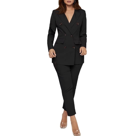 Women's Double Breasted Blazer 2 Piece Pants Set Long Sleeve Formal Business Suit for Work Office Outfits