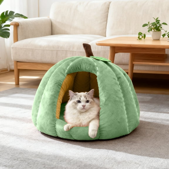 Nilvkv Cozy Pumpkin Pet Bed Semi Enclosed Cat Cave with Plush Ball Soft Washable Mat for Indoor Cats Small Dogs 17.7x17.7x13.8 Inch