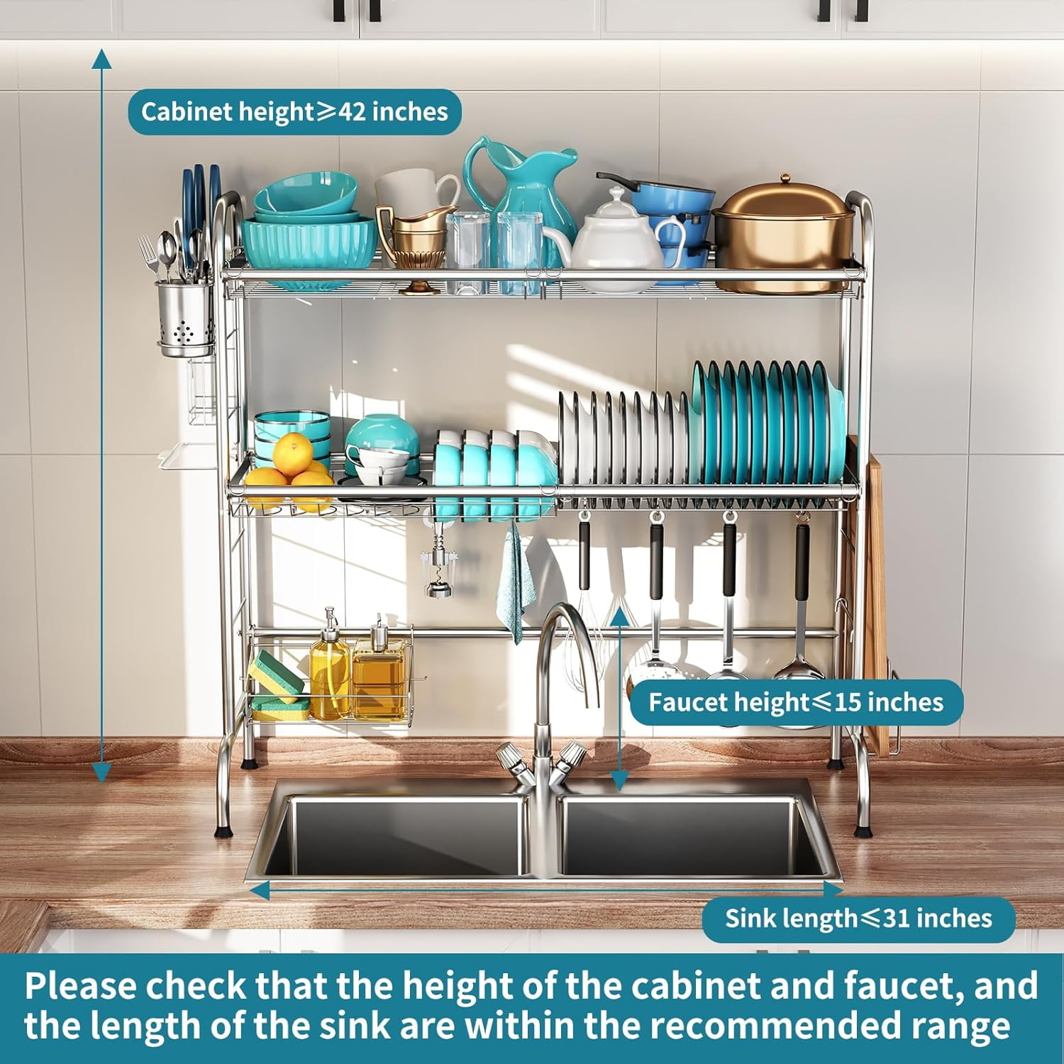 3-Tier Over The Sink Dish Drying Rack, Stainless Steel with Cutlery & Board Holder, Black