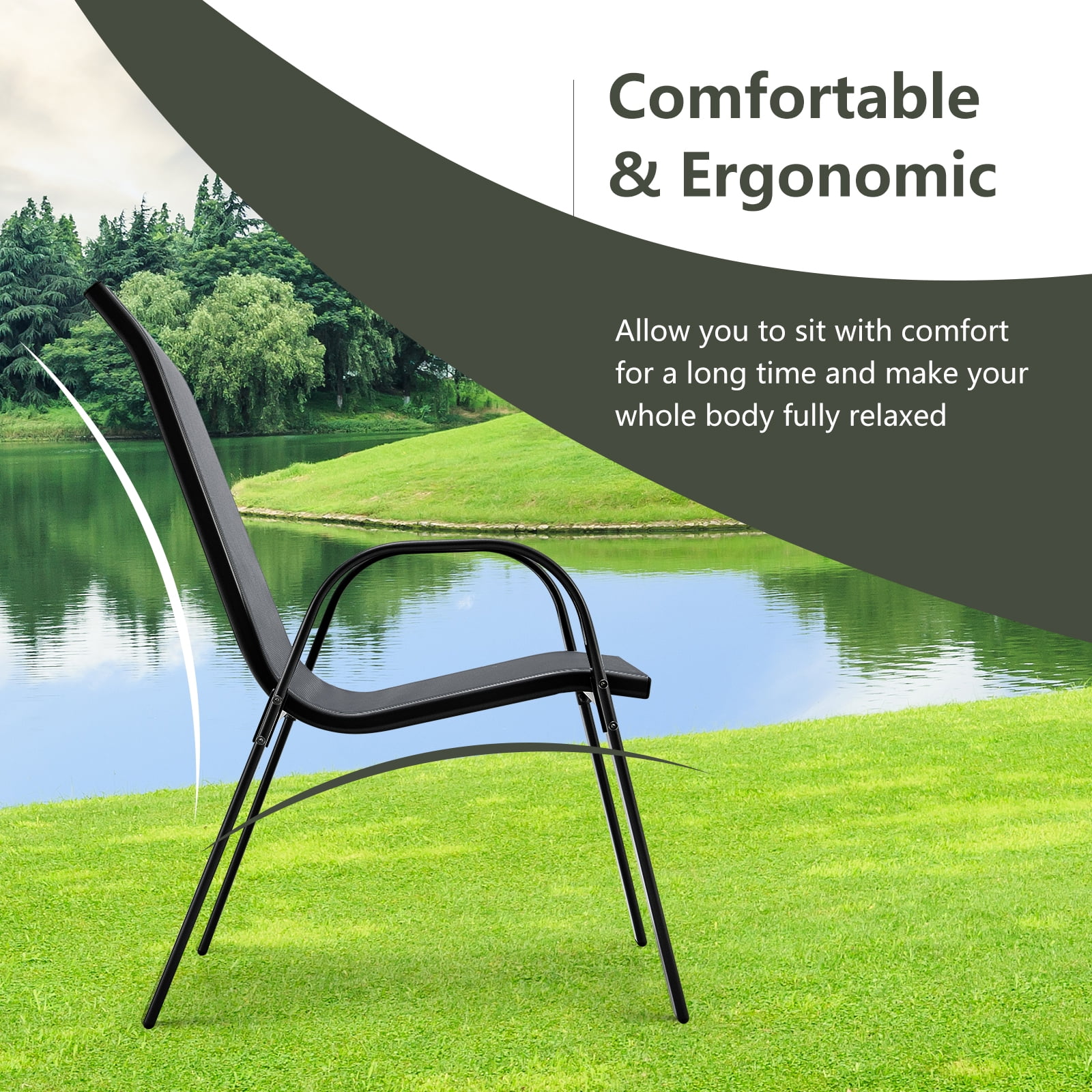 Costway Set of 4 Patio Dining Chairs Stackable Armrest Space Saving Garden  Black & Gray