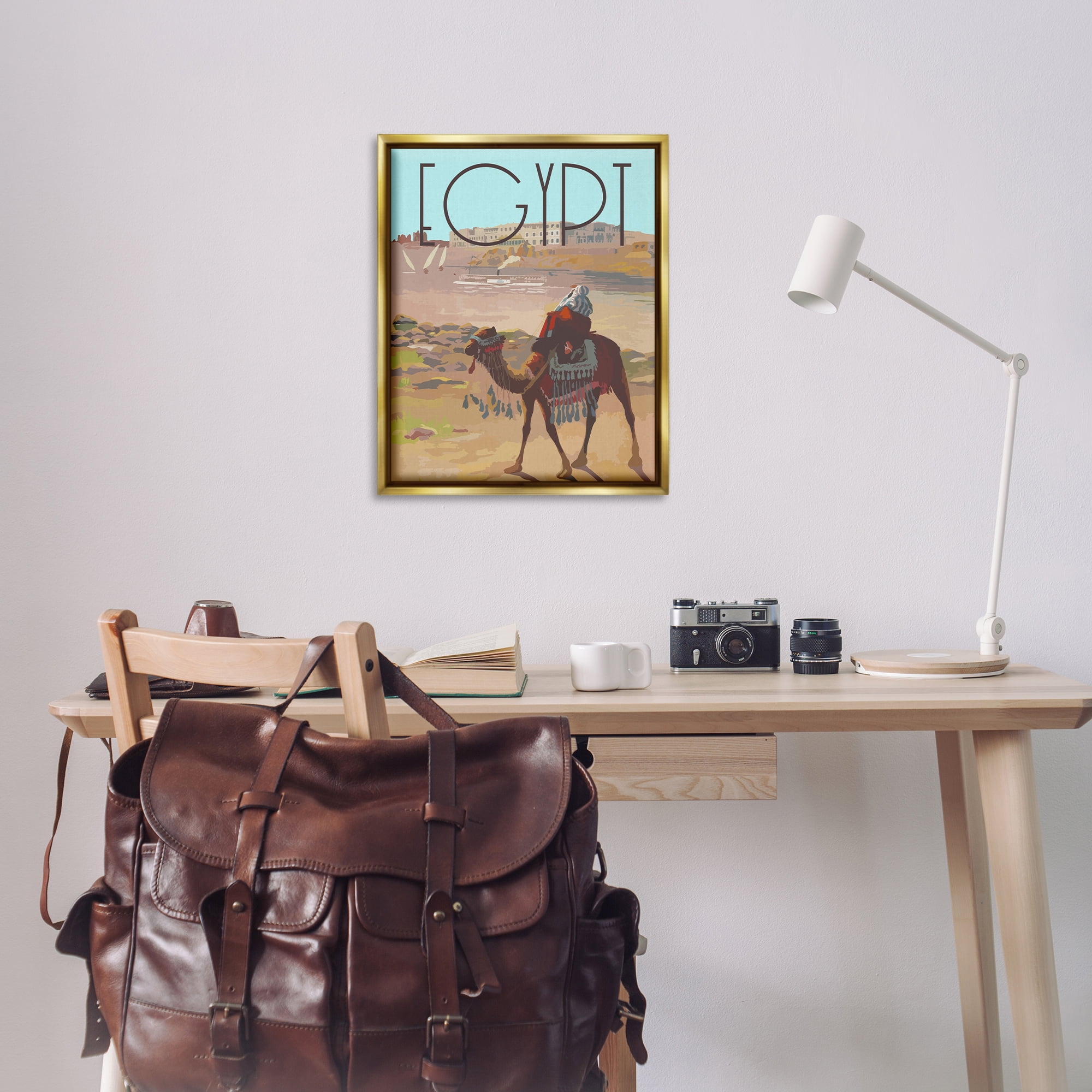 Stupell Industries Egypt Camel Scene Landscape & Nature Painting Gold Floater Framed Canvas Art Print Wall Art, 25 x 31
