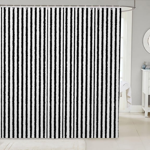 Black and White Striped Shower Curtain Modern Minimalist Fabric Bathroom Curtain with Hooks 71x71 inches