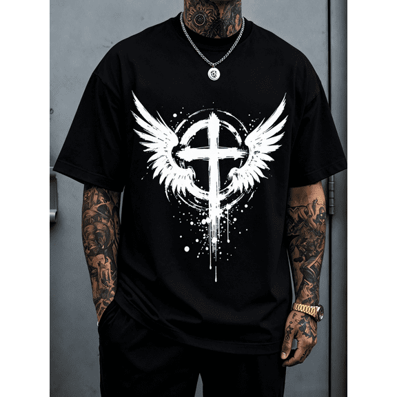 Men’s Soft Oversized Black T-Shirt, Grunge Paint Drip Cross Angel Wings Graphic Christian Faith Streetwear Short Sleeve Tee Gift for Religious Believers