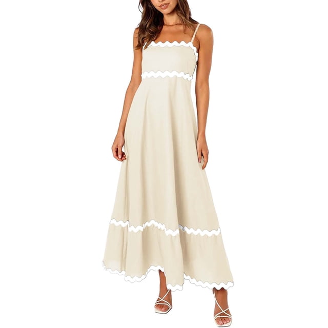 WTXUE Robes Maxi en Liquidation, Robe Nuisette Sans Manches Élégante à Encolure Carrée, Femmes 2024 Été Encolure Dégagée à Étages Fluide Longue Unie Vestidos Casuales Para Mujer Verano Maxi Women, Jaune+l(US:10-12)