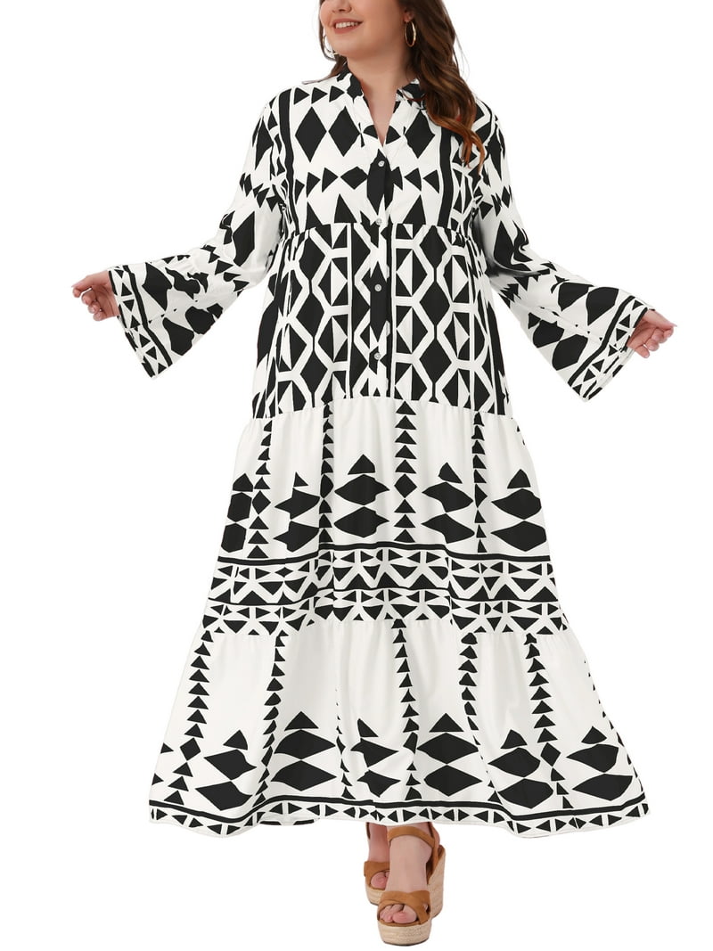 Agnes Orinda Women's Plus Size Bohe Dress Pattern Flowy Button Flared Bell Long Sleeve Tiered Casual Fall A Line Maxi Dress 1X Black