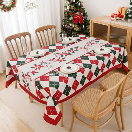 

Christmas Rectangle Plaid Tablecloth 60 x 120 Inch Checkered Table Cloth with Red Flowers Waterproof and Washable Polyester Table Cover for Xmas Dinner/Party Decoration/Holiday