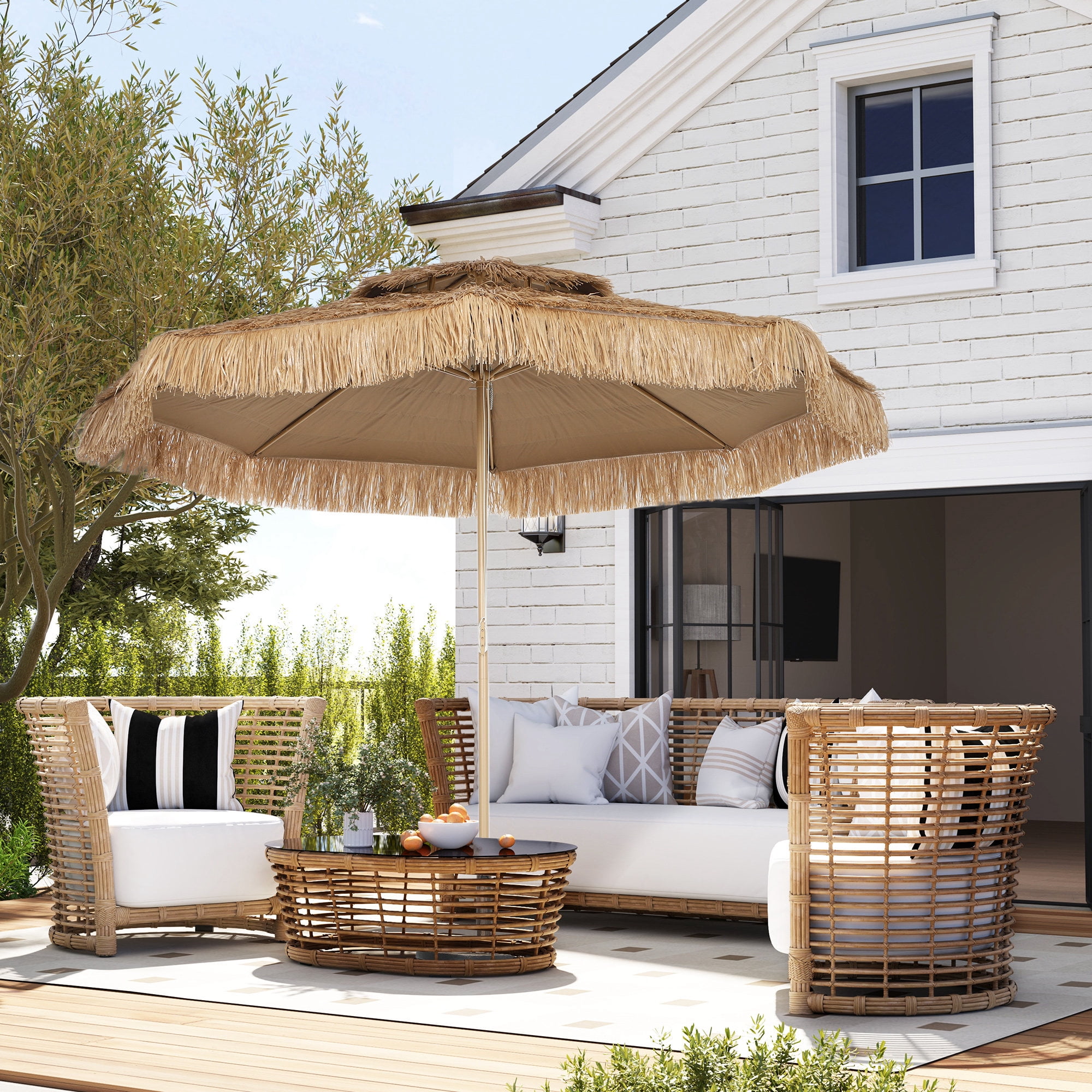 Outsunny 10 ft. Hula Thatched Tiki Patio Umbrella, Hawaiian Style Outdoor Umbrella with 8 Ribs, UPF30+, for Garden, Backyard, Deck, Pool, Natural