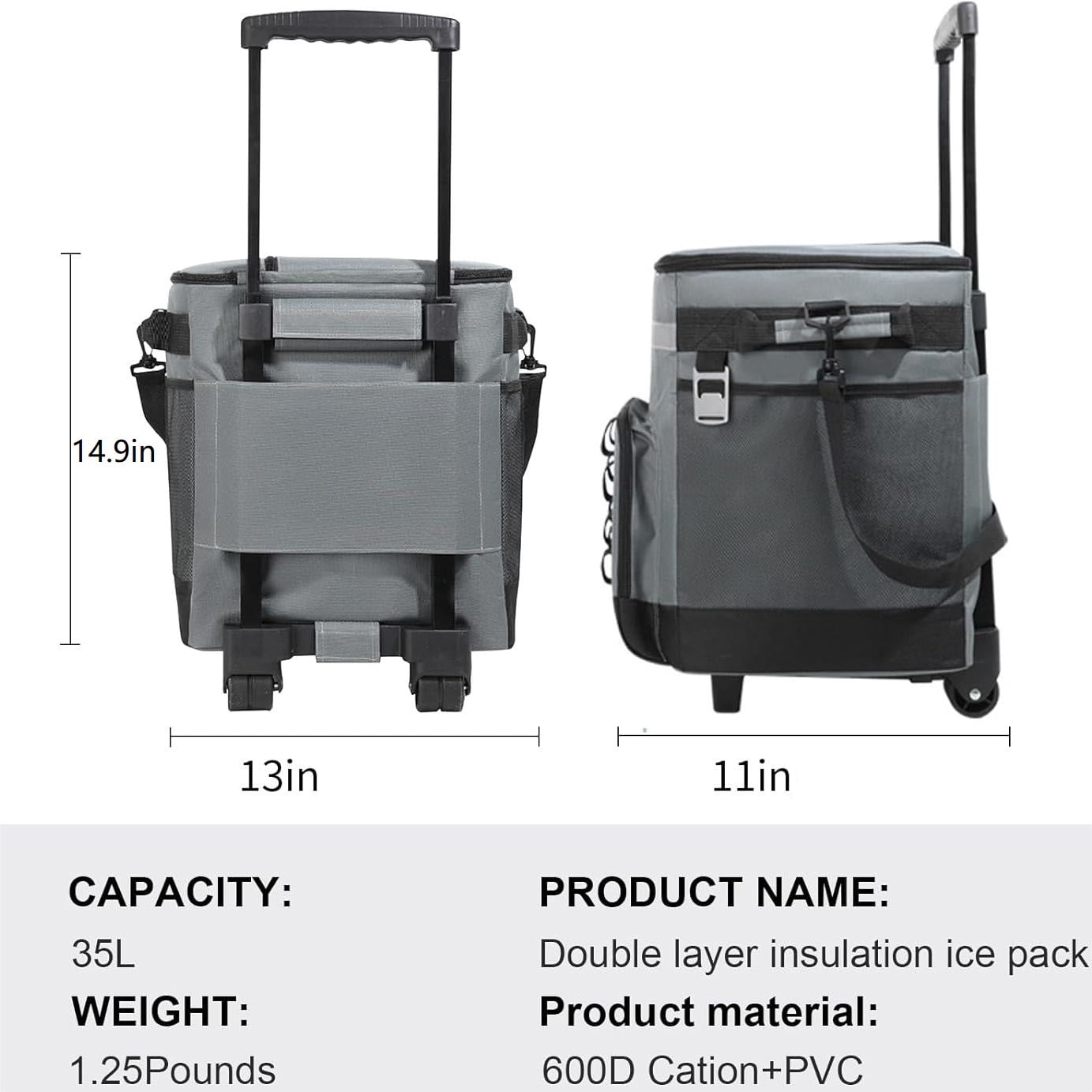 Rolling Cooler, 32QT Ice Chest Rolling Cooler with Wheels and Handle, Soft Sided Leakproof Soft Cooler Bag for Beach Camping Patio Travel Outdoor, Gray