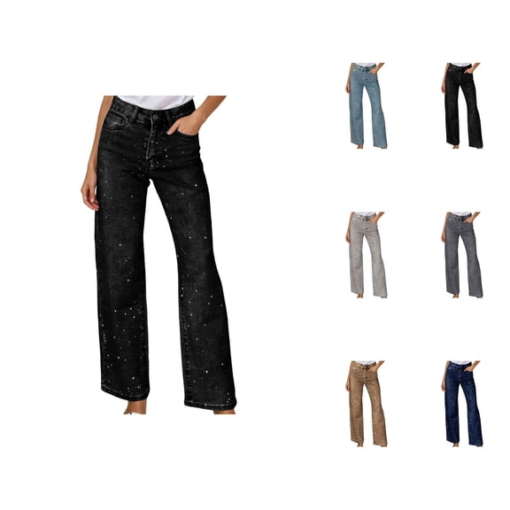 Sparkly Jeans for Women Glitter Rhinestone High Waisted Straight Leg Bootcut Denim Pants with Pockets Clubwear Streetwear