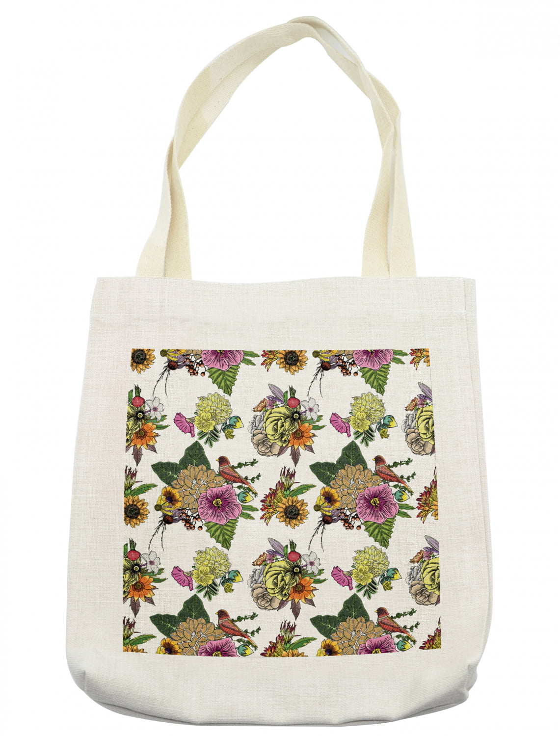 Botanical Tote Bag, Roses Dahlia Hibiscus with Leaves and Sunflowers ...