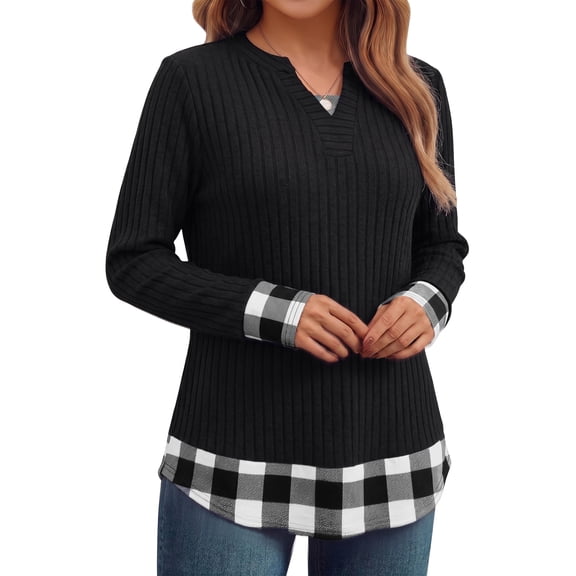 Long Sleeve Shirts for Women Casual V Neck Plaid Fake Two Piece Tops Lightweight Knit Tops Plus Size S-4XL