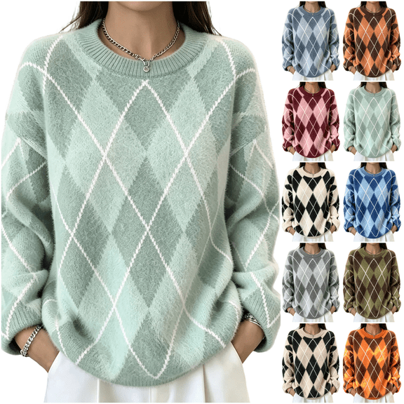 Oversized Sweaters for Women Argyle Knit Pullover Crewneck Colorblock Long Sleeve Loose Fall Tops
