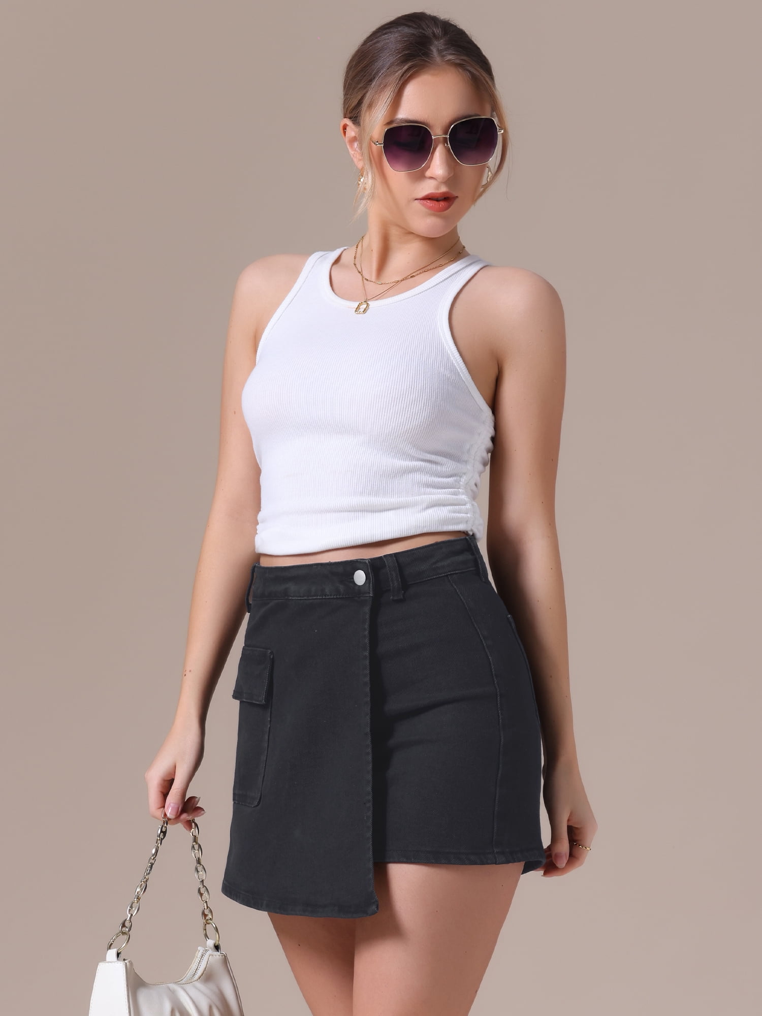 DARING DIVA Women's High Waist Western Asymmetrical Denim Cargo Skirt L Black