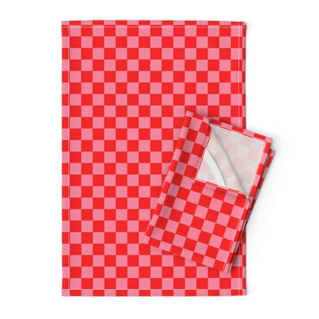 

Printed Tea Towel Linen Cotton Canvas - Scarlet Red Pink Checkerboard Inch Squares Mod Checkered Print Decorative Kitchen Towel by Spoonflower